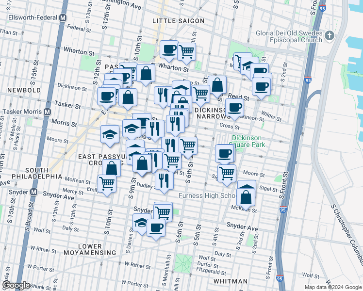 map of restaurants, bars, coffee shops, grocery stores, and more near 628 Morris Street in Philadelphia