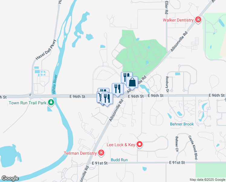map of restaurants, bars, coffee shops, grocery stores, and more near 5802-5852 East 96th Street in Fishers