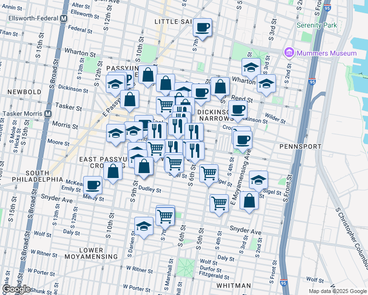 map of restaurants, bars, coffee shops, grocery stores, and more near 628 Morris Street in Philadelphia