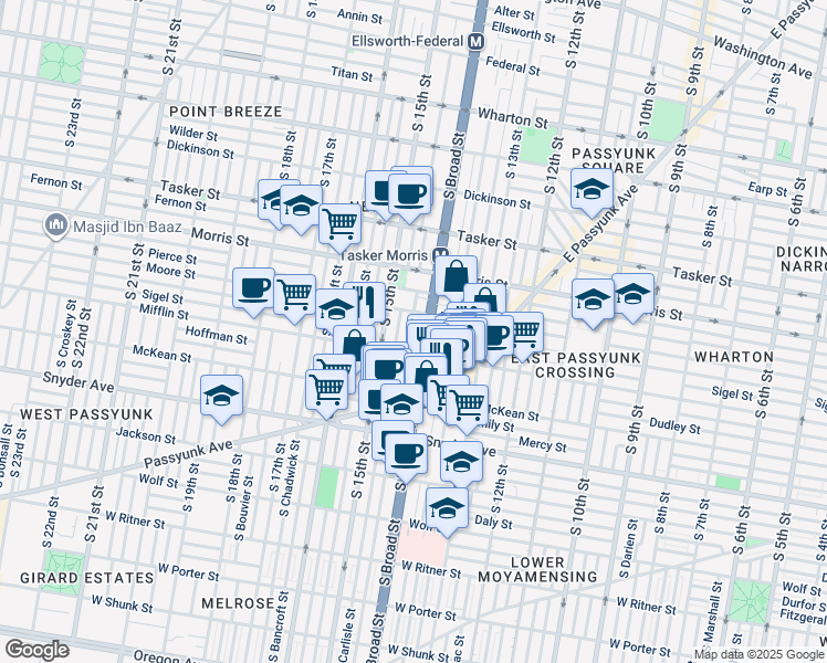 map of restaurants, bars, coffee shops, grocery stores, and more near 1827 South Rosewood Street in Philadelphia