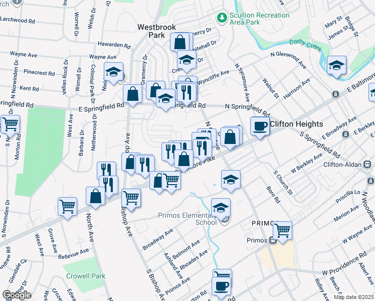 map of restaurants, bars, coffee shops, grocery stores, and more near 508 Davis Avenue in Clifton Heights