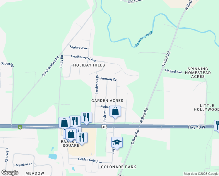 map of restaurants, bars, coffee shops, grocery stores, and more near 307 Birch Road in Springfield