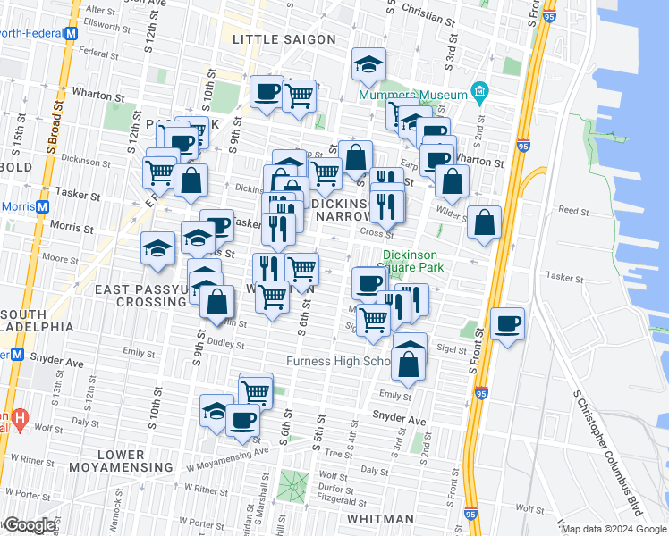 map of restaurants, bars, coffee shops, grocery stores, and more near 513 Morris Street in Philadelphia