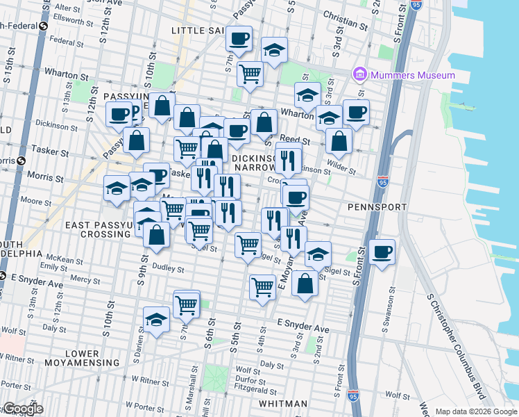 map of restaurants, bars, coffee shops, grocery stores, and more near 1643 South 5th Street in Philadelphia