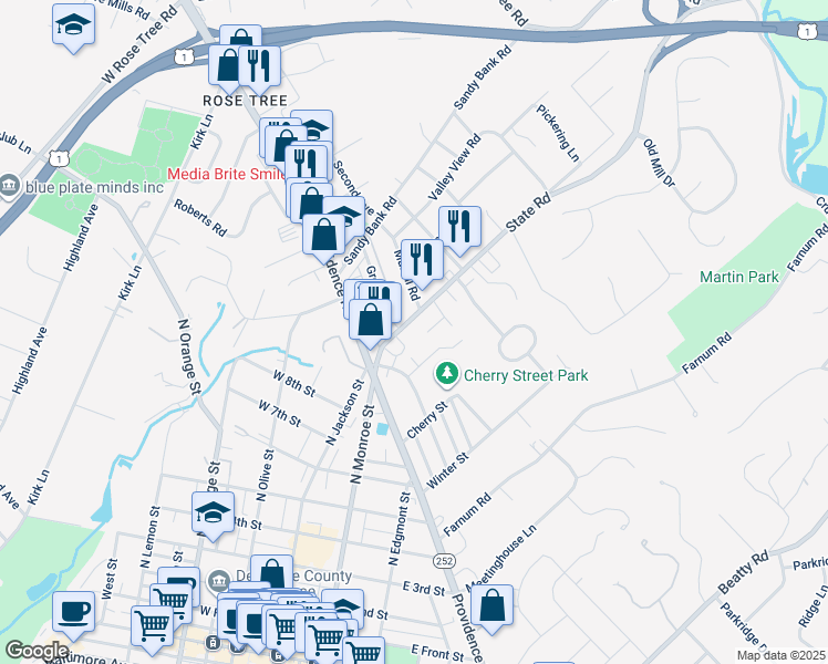 map of restaurants, bars, coffee shops, grocery stores, and more near 21 State Road in Media
