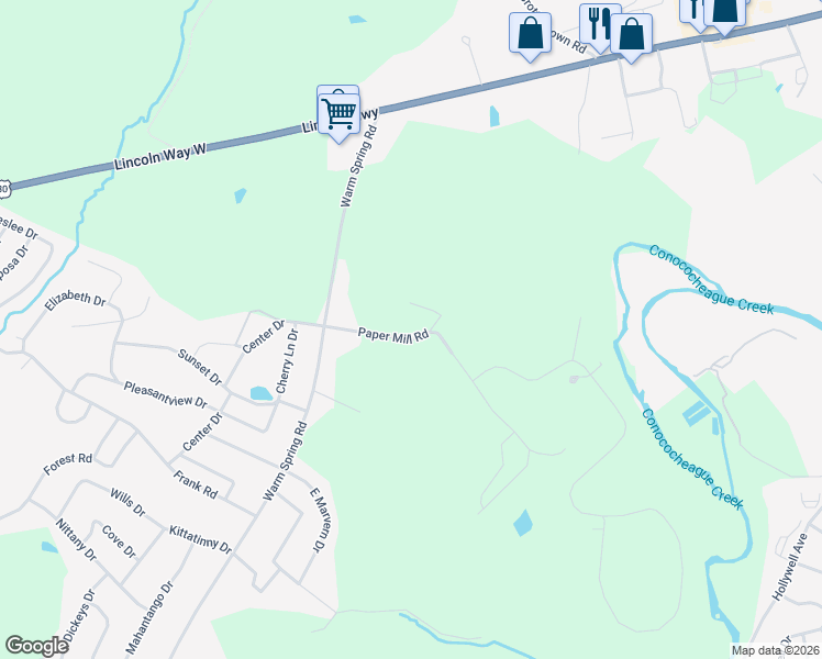 map of restaurants, bars, coffee shops, grocery stores, and more near 1076 Paper Mill Road in Chambersburg