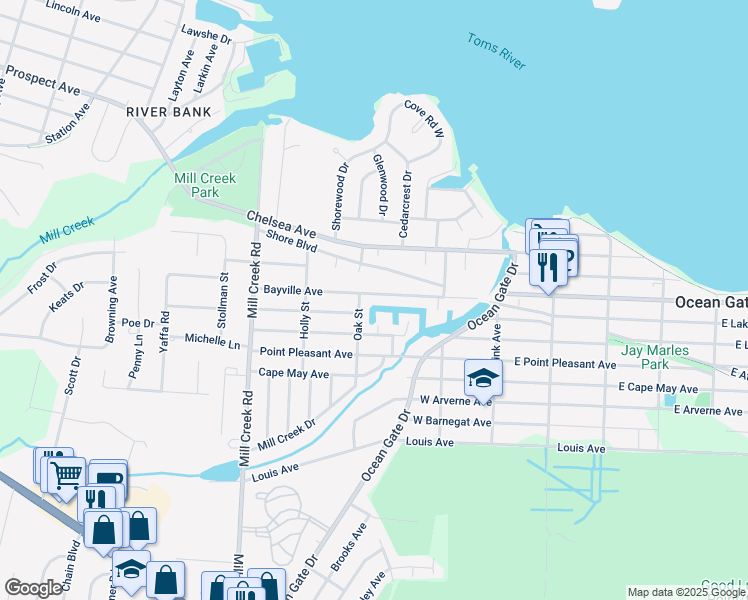 map of restaurants, bars, coffee shops, grocery stores, and more near 246 Bayville Avenue in Berkeley Township