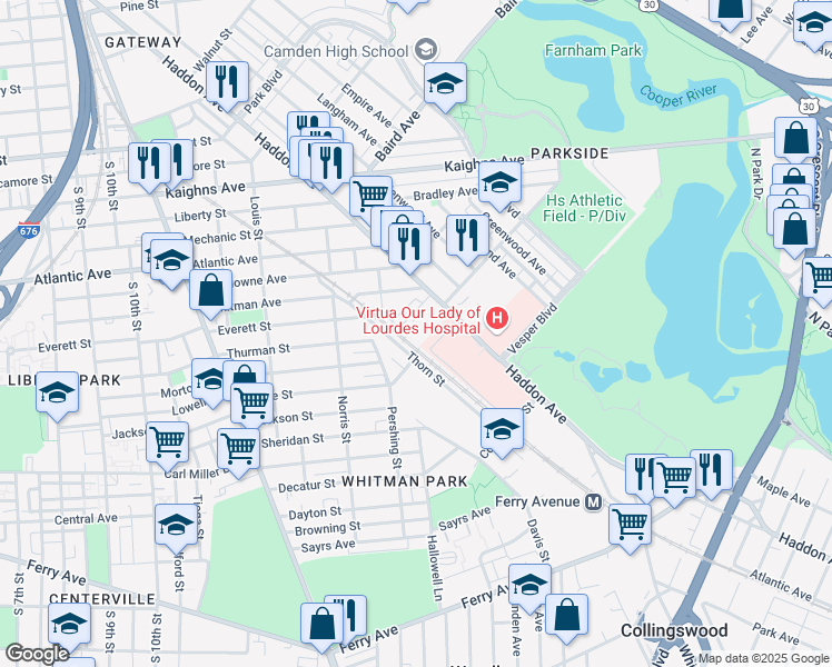 map of restaurants, bars, coffee shops, grocery stores, and more near 1551 Thorn Street in Camden