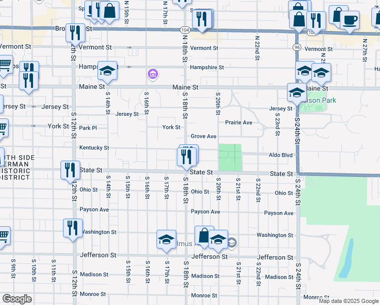 map of restaurants, bars, coffee shops, grocery stores, and more near 1834 Kentucky St in Quincy