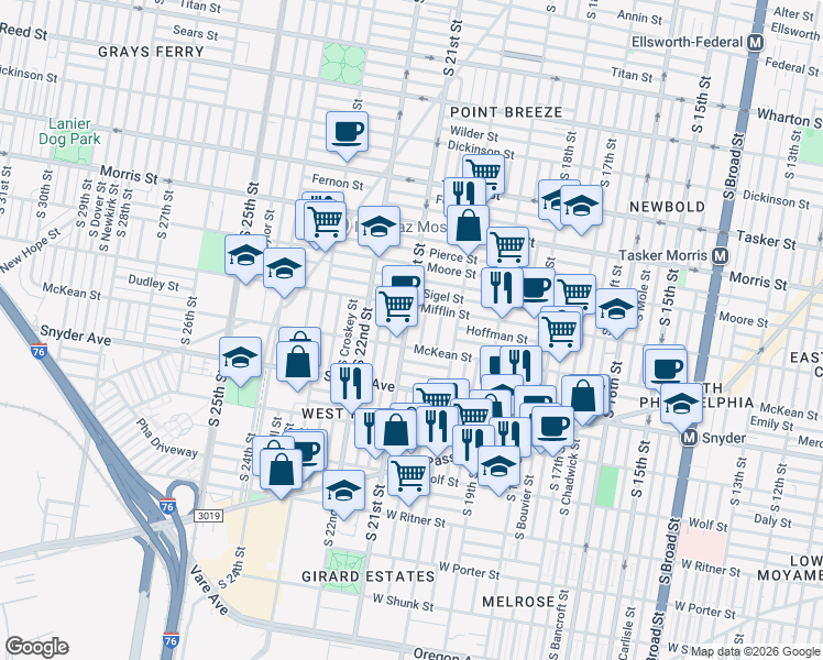 map of restaurants, bars, coffee shops, grocery stores, and more near 2027 McKean Street in Philadelphia