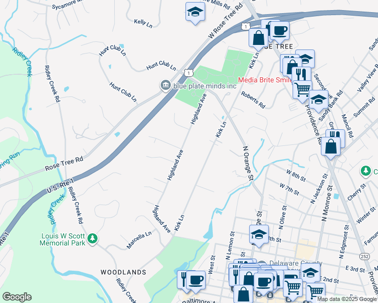 map of restaurants, bars, coffee shops, grocery stores, and more near 320 Highland Avenue in Media