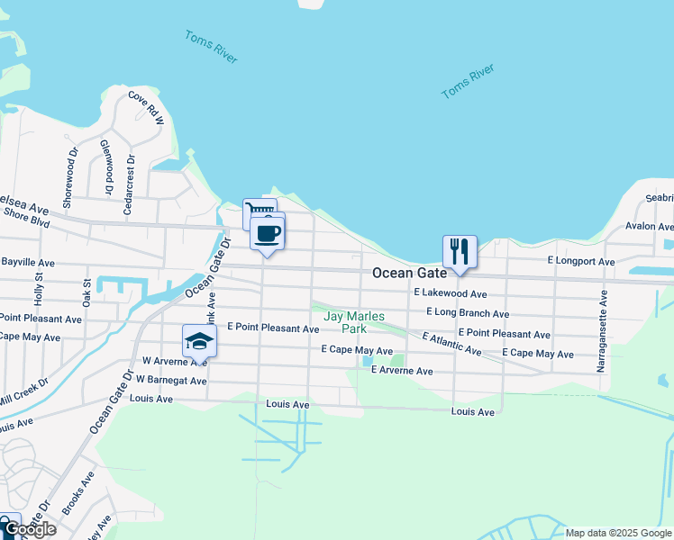 map of restaurants, bars, coffee shops, grocery stores, and more near 130 East Bayview Avenue in Ocean Gate
