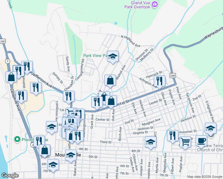 map of restaurants, bars, coffee shops, grocery stores, and more near 9 Ash Avenue in Moundsville
