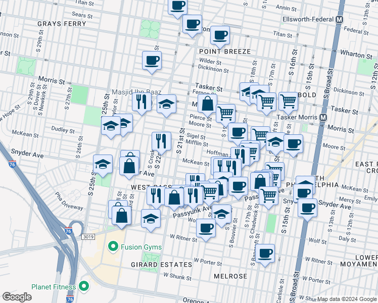 map of restaurants, bars, coffee shops, grocery stores, and more near 1927 South Lambert Street in Philadelphia