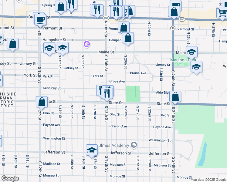 map of restaurants, bars, coffee shops, grocery stores, and more near 1834 Kentucky Street in Quincy