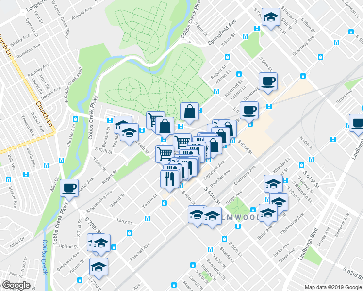 map of restaurants, bars, coffee shops, grocery stores, and more near 2000 South Avondale Street in Philadelphia