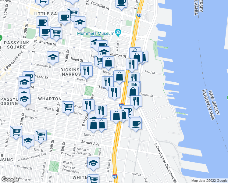 map of restaurants, bars, coffee shops, grocery stores, and more near 140 Fernon Street in Philadelphia