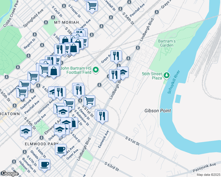 map of restaurants, bars, coffee shops, grocery stores, and more near 5830 Theodore Street in Philadelphia