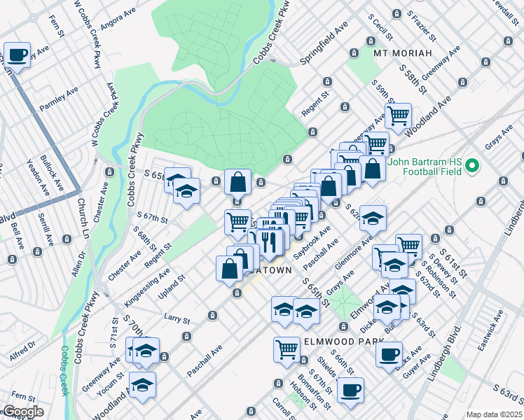 map of restaurants, bars, coffee shops, grocery stores, and more near 2000 South Avondale Street in Philadelphia