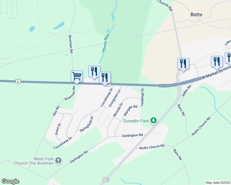 map of restaurants, bars, coffee shops, grocery stores, and more near 101 Evergreen Lane in York