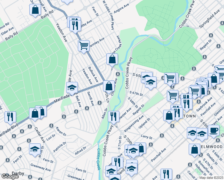 map of restaurants, bars, coffee shops, grocery stores, and more near 907 Chester Avenue in Yeadon