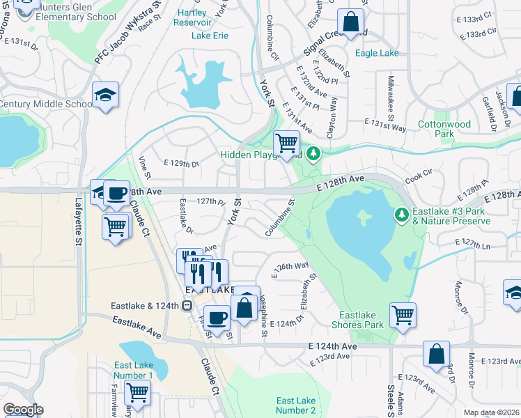 map of restaurants, bars, coffee shops, grocery stores, and more near 2412 East 127th Drive in Thornton