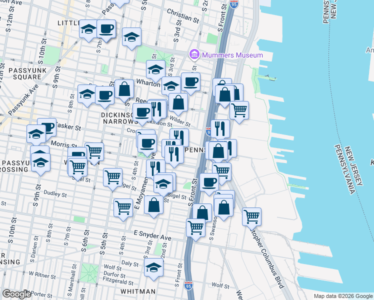 map of restaurants, bars, coffee shops, grocery stores, and more near 140 Fernon Street in Philadelphia