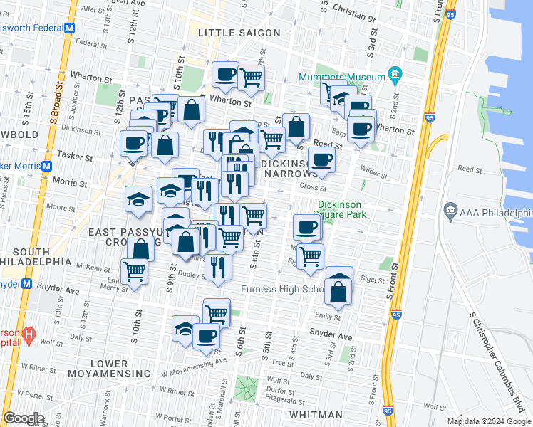 map of restaurants, bars, coffee shops, grocery stores, and more near 602 Watkins Street in Philadelphia