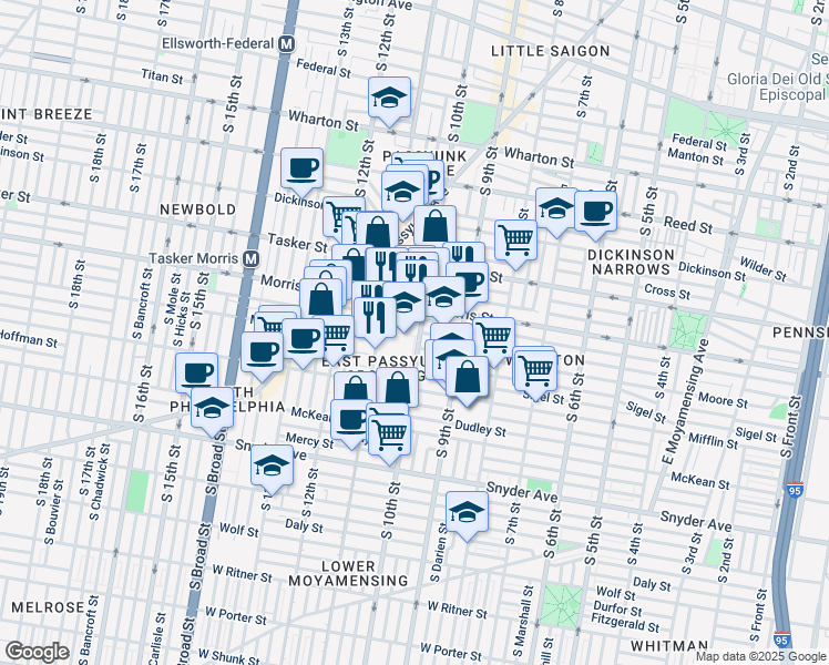 map of restaurants, bars, coffee shops, grocery stores, and more near 1803 South 10th Street in Philadelphia