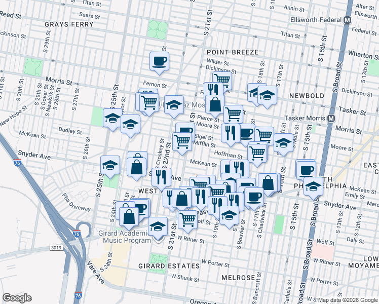 map of restaurants, bars, coffee shops, grocery stores, and more near 2027 McKean Street in Philadelphia