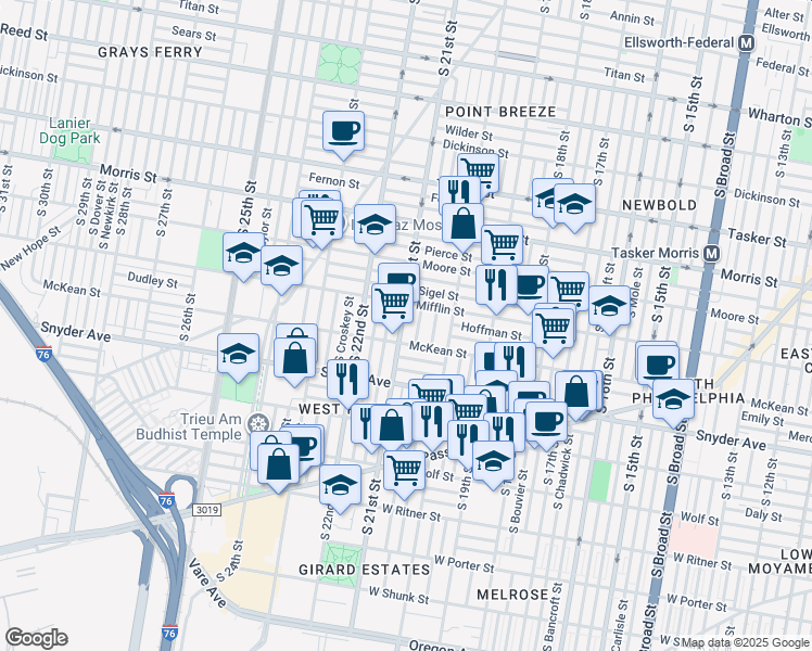 map of restaurants, bars, coffee shops, grocery stores, and more near 2027 McKean Street in Philadelphia