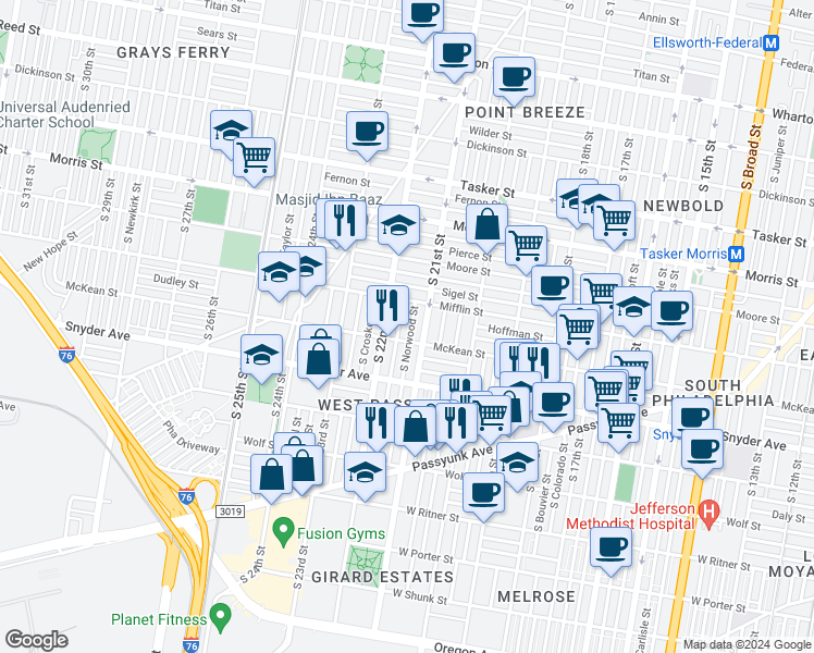 map of restaurants, bars, coffee shops, grocery stores, and more near in Philadelphia