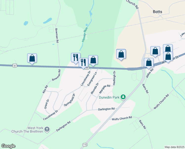 map of restaurants, bars, coffee shops, grocery stores, and more near 101 Evergreen Lane in York