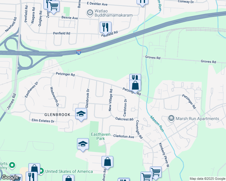 map of restaurants, bars, coffee shops, grocery stores, and more near 2170 New Village Road in Columbus
