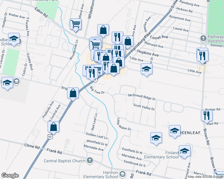 map of restaurants, bars, coffee shops, grocery stores, and more near 2129 Big Tree Drive in Columbus