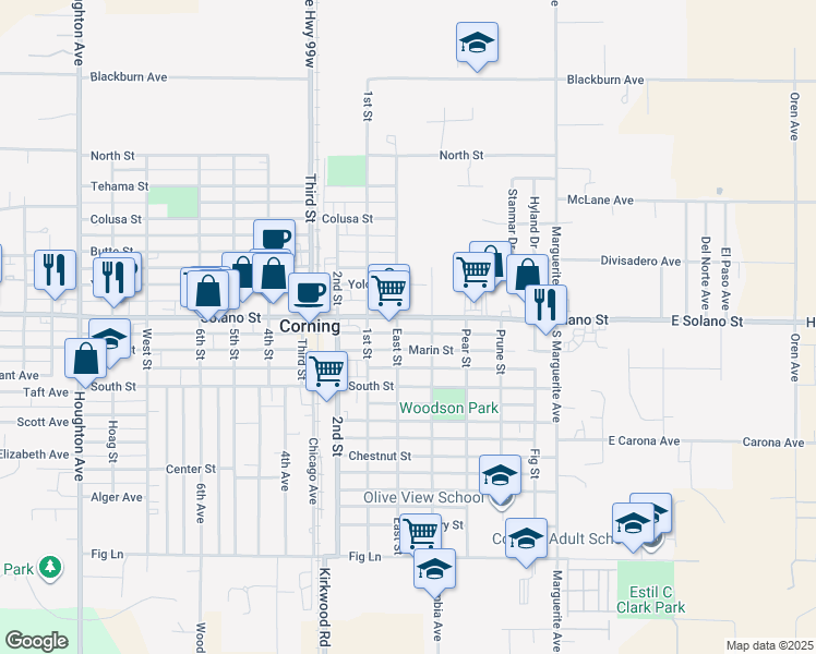 map of restaurants, bars, coffee shops, grocery stores, and more near 783 Solano Street in Corning