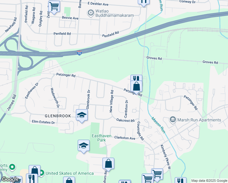 map of restaurants, bars, coffee shops, grocery stores, and more near 2170 New Village Road in Columbus
