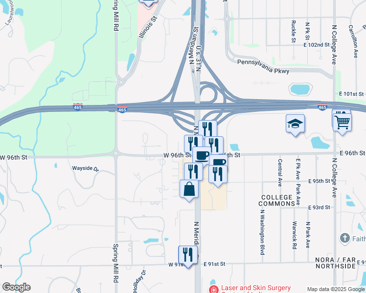 map of restaurants, bars, coffee shops, grocery stores, and more near 100 West 96th Street in Indianapolis