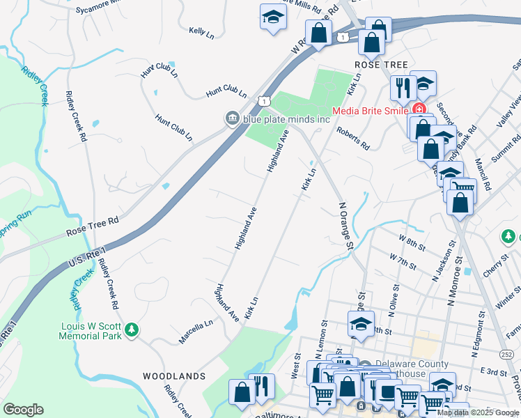 map of restaurants, bars, coffee shops, grocery stores, and more near 320 Highland Avenue in Media