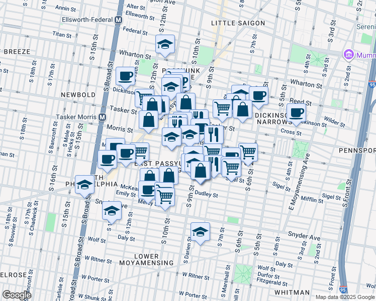 map of restaurants, bars, coffee shops, grocery stores, and more near 919 Pierce Street in Philadelphia
