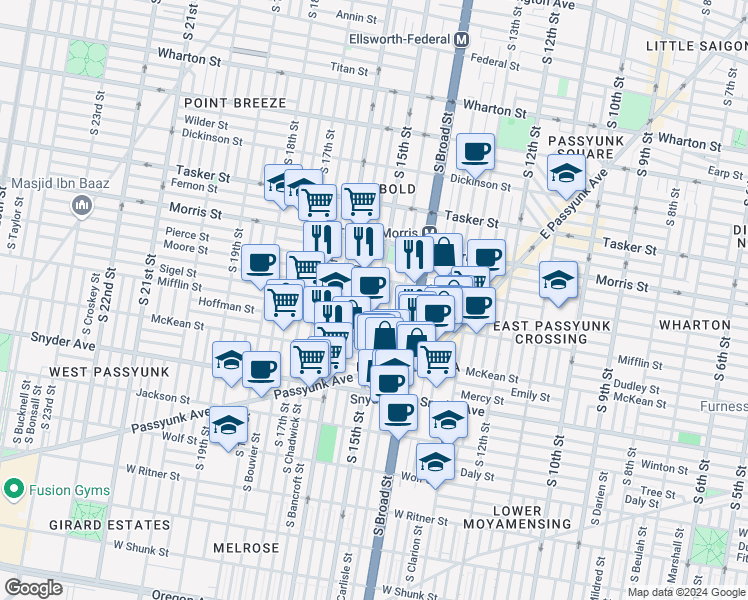 map of restaurants, bars, coffee shops, grocery stores, and more near 1826 South 15th Street in Philadelphia