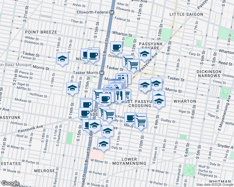 map of restaurants, bars, coffee shops, grocery stores, and more near 1800 East Passyunk Avenue in Philadelphia