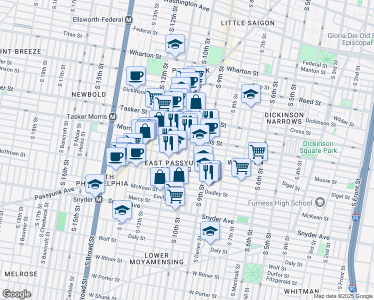 map of restaurants, bars, coffee shops, grocery stores, and more near 1730 South 10th Street in Philadelphia