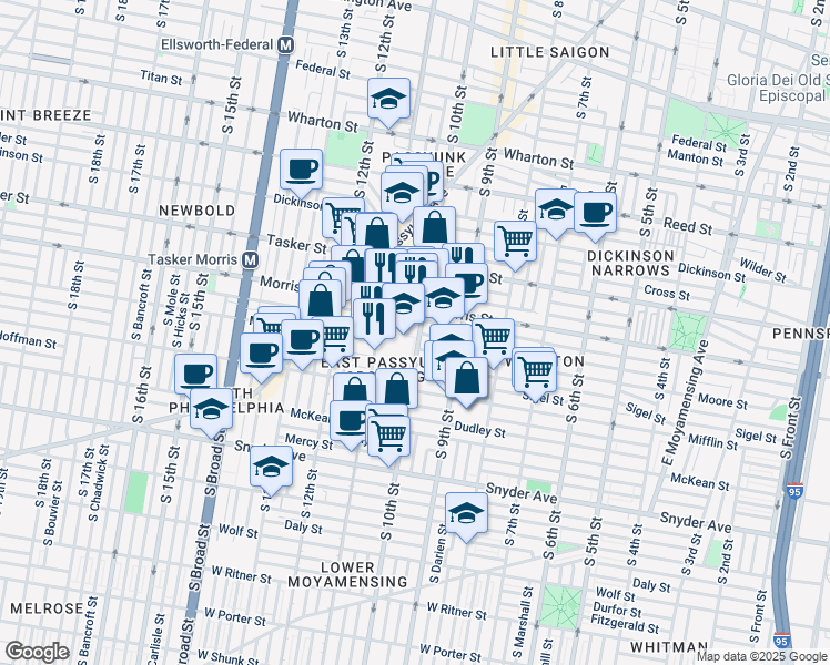 map of restaurants, bars, coffee shops, grocery stores, and more near 1730 South 10th Street in Philadelphia