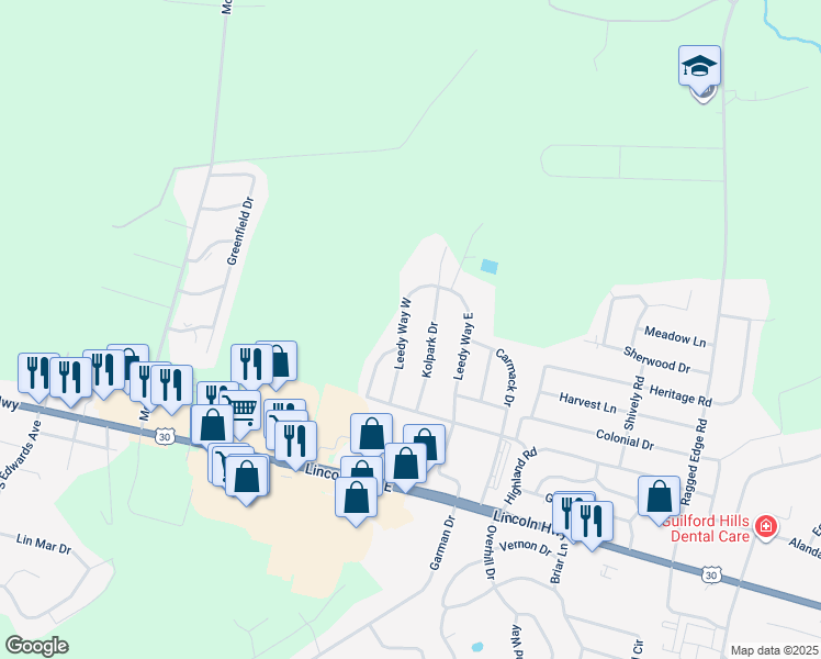 map of restaurants, bars, coffee shops, grocery stores, and more near 274 Leedy Way West in Chambersburg