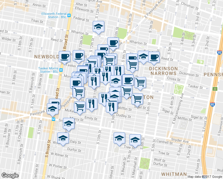 map of restaurants, bars, coffee shops, grocery stores, and more near 923 Pierce Street in Philadelphia