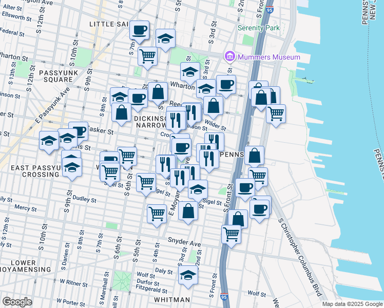 map of restaurants, bars, coffee shops, grocery stores, and more near 1617 East Moyamensing Avenue in Philadelphia