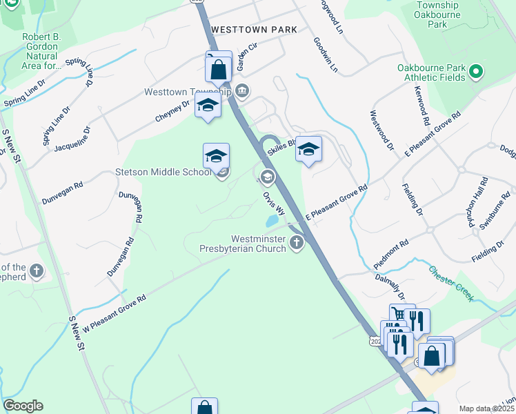 map of restaurants, bars, coffee shops, grocery stores, and more near 102 Hidden Pond Way in West Chester