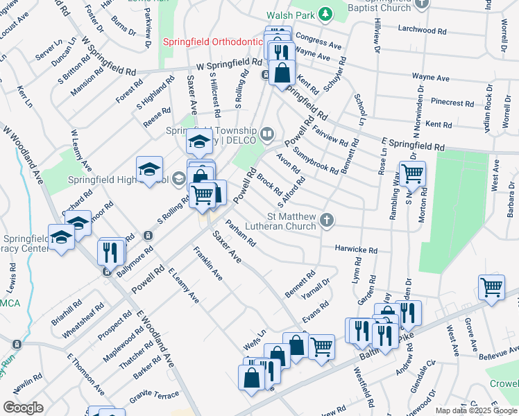 map of restaurants, bars, coffee shops, grocery stores, and more near 229 Sedgewood Road in Springfield