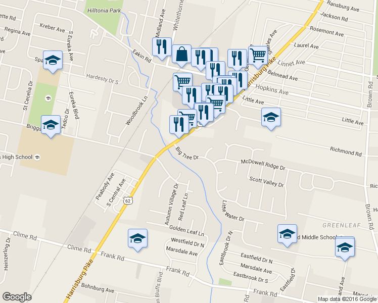 map of restaurants, bars, coffee shops, grocery stores, and more near 2202 Big Tree Drive in Columbus
